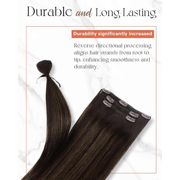 Clip in Hair Extensions Human Hair 18 Inch Straight Balayage Dark Brown - Picture 7 of 9